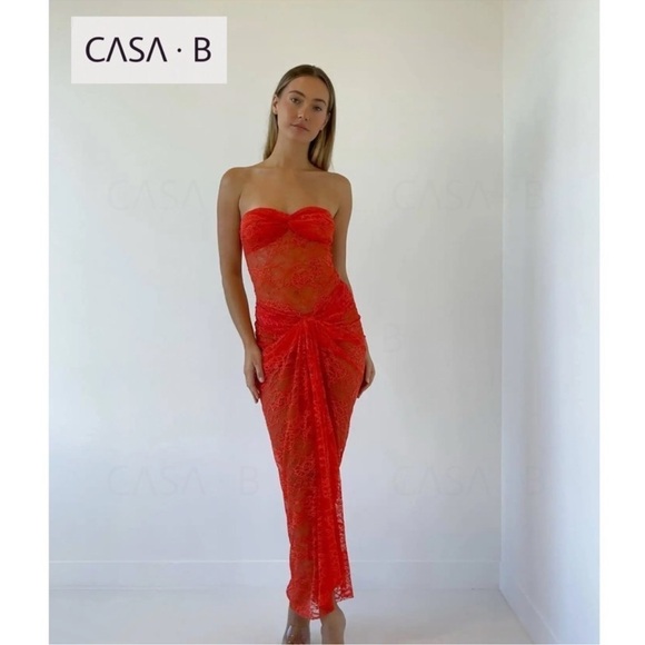 NEW to CASA B💫Theresa Front-Twist Strapless Lace Maxi Dress in Tangerine orange - Picture 13 of 15